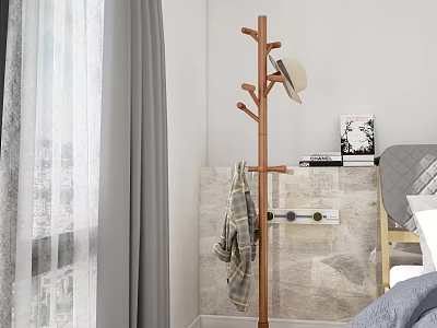 Wooden Tree Shaped Coat Rack With Hat Plaid Coat Bedroom Stone Wall Curtain Interior 3d model