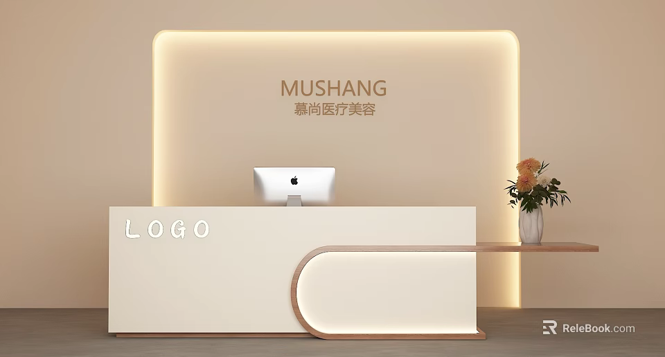 Modern Storefront Reception Desk with Apple Computer Setup Elegant Warm Lighting and Flower Decoration 3d model