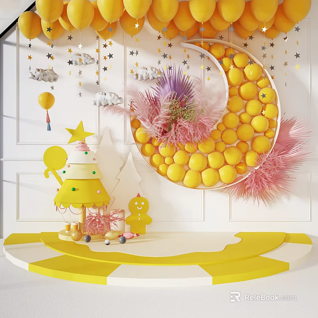 Commercial Display Equipment With Yellow Crescent Device Filled Yellow Balls Pink Feathers And Tree Decorations 3d model 