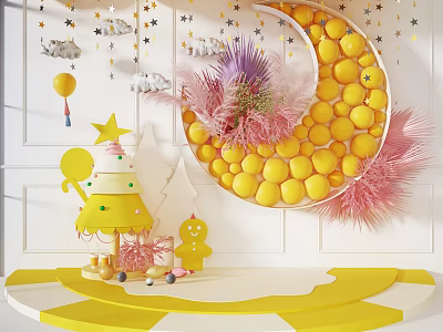 Commercial Display Equipment With Yellow Crescent Device Filled Yellow Balls Pink Feathers And Tree Decorations 3d model