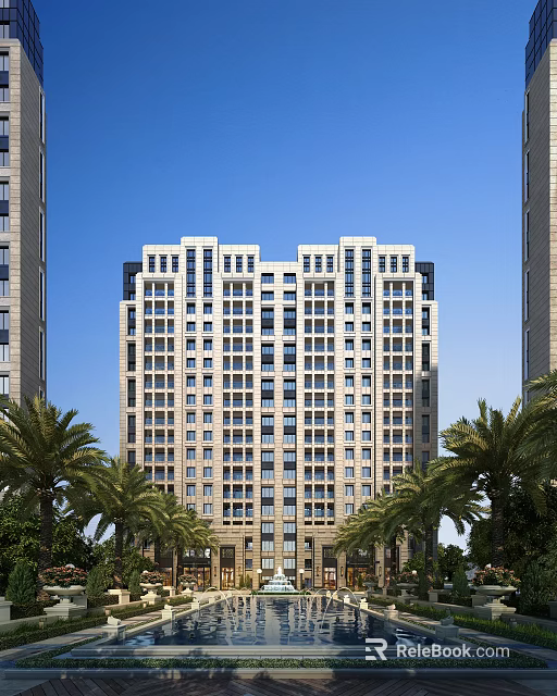 Modern High Rise Apartment Building Exterior With Palm Trees And Blue Sky 3d model 