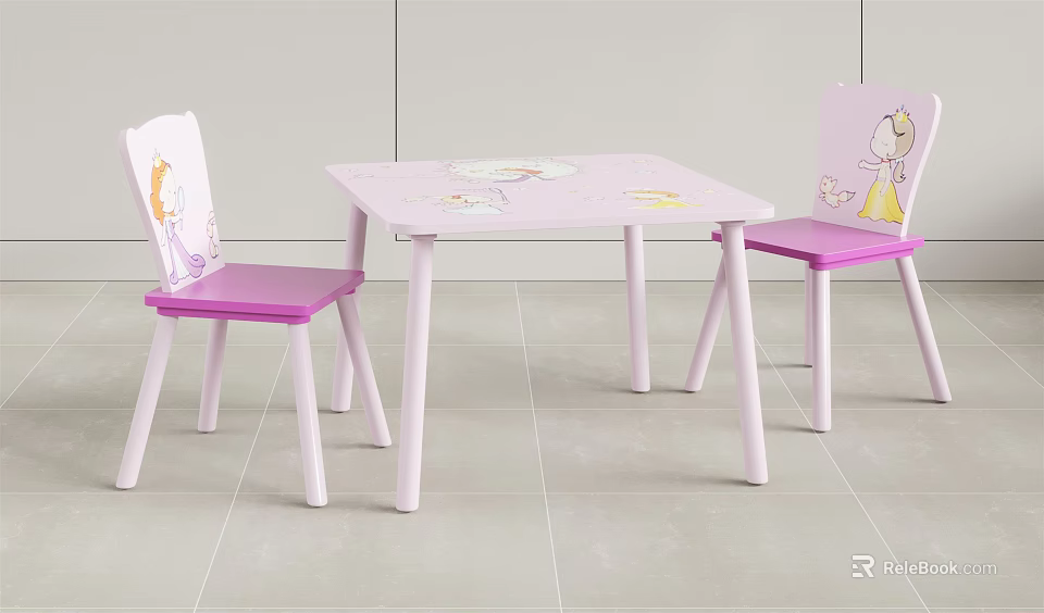 Pink Kids Table With Cartoon Patterns And Matching Pink Chairs With Princess Designs On Backs 3d model 