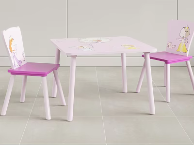 Pink Kids Table With Cartoon Patterns And Matching Pink Chairs With Princess Designs On Backs 3d model