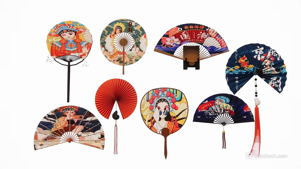 Traditional Style Decorative Fans As Hanging Ornaments With Diverse Designs 3d model 