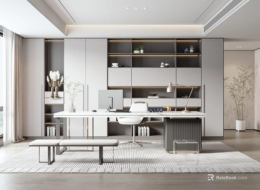 Modern Study Room Interior Design With Open Bookshelves Computer Desk Green Plants And Bench Rug 3d model 