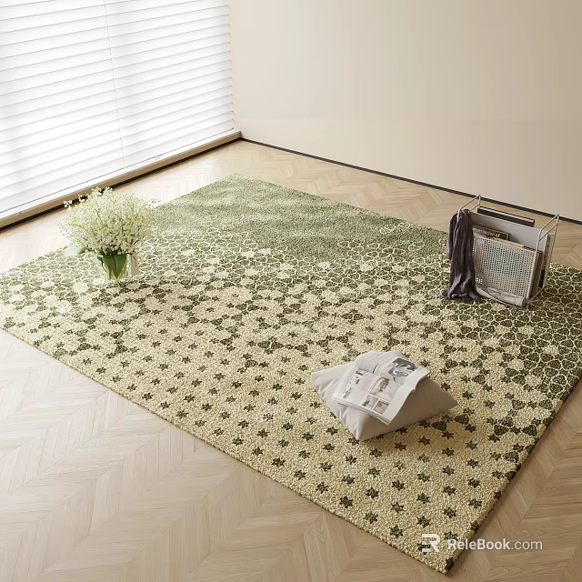 Square Green Beige Star Pattern Rug on Wooden Floor with White Flowers and Magazine Rack 3d model 