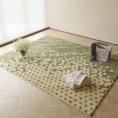 Square Green Beige Star Pattern Rug on Wooden Floor with White Flowers and Magazine Rack 3d model