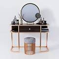 Elegant Modern Dressing Table With Round Mirror Brass Frame Grey Stool And Decorative Items 3d model