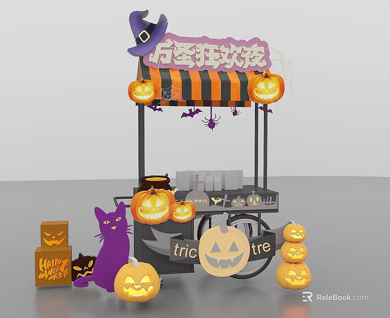 Halloween Cart Decoration With Witch Hat Pumpkin Lanterns Black Cat And Spiders 3d model 