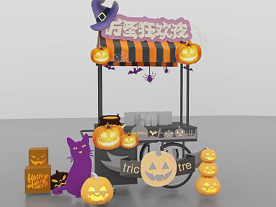 Halloween Cart Decoration With Witch Hat Pumpkin Lanterns Black Cat And Spiders 3d model