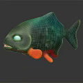 Cartoon Piranha Character With Green Body Red Fins And Sharp Teeth