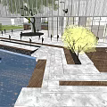 Modern Sales Office Building With Glass Curtain Wall Greenery Water Features And Steps