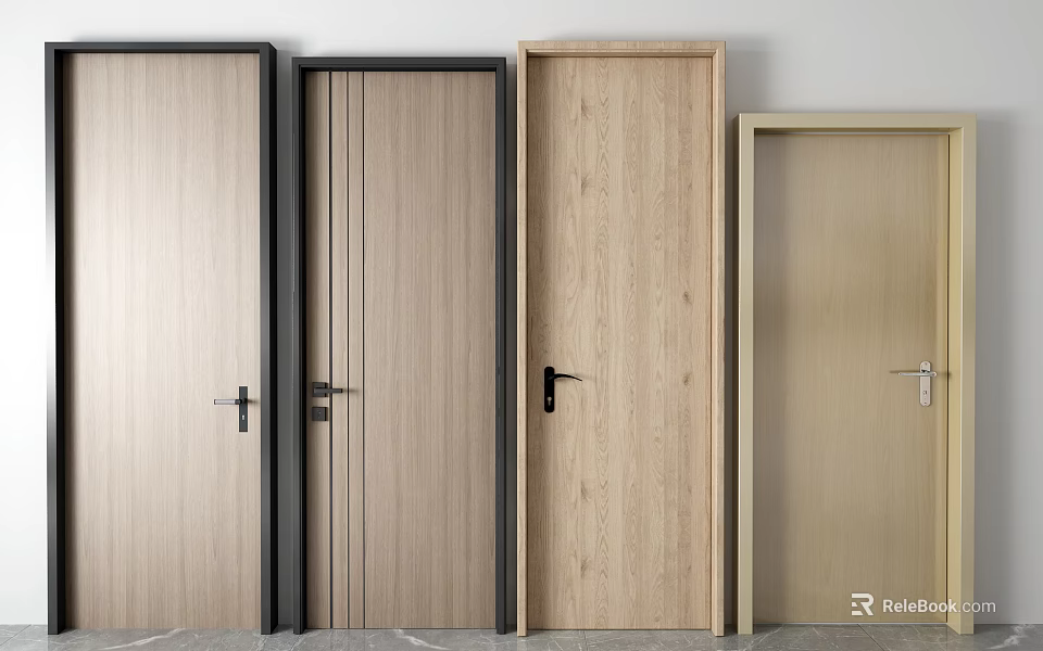 Modern Wooden Swing Doors With Various Designs And Metal Handles For Home Interior 3d model 
