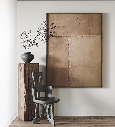 Interior Decor With Wooden Pedestal Vase Chair And Large Artwork 3d model