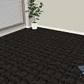 Dark Square Floor Tiles in Room Interior With Window Blinds And Corner Potted Plant