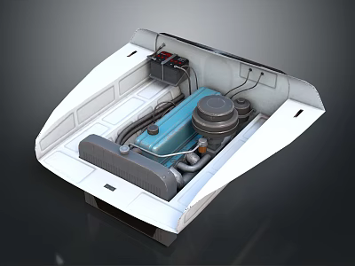 Blue Engine Installed in White Enclosure With Pipes Wiring and Parts 3d model