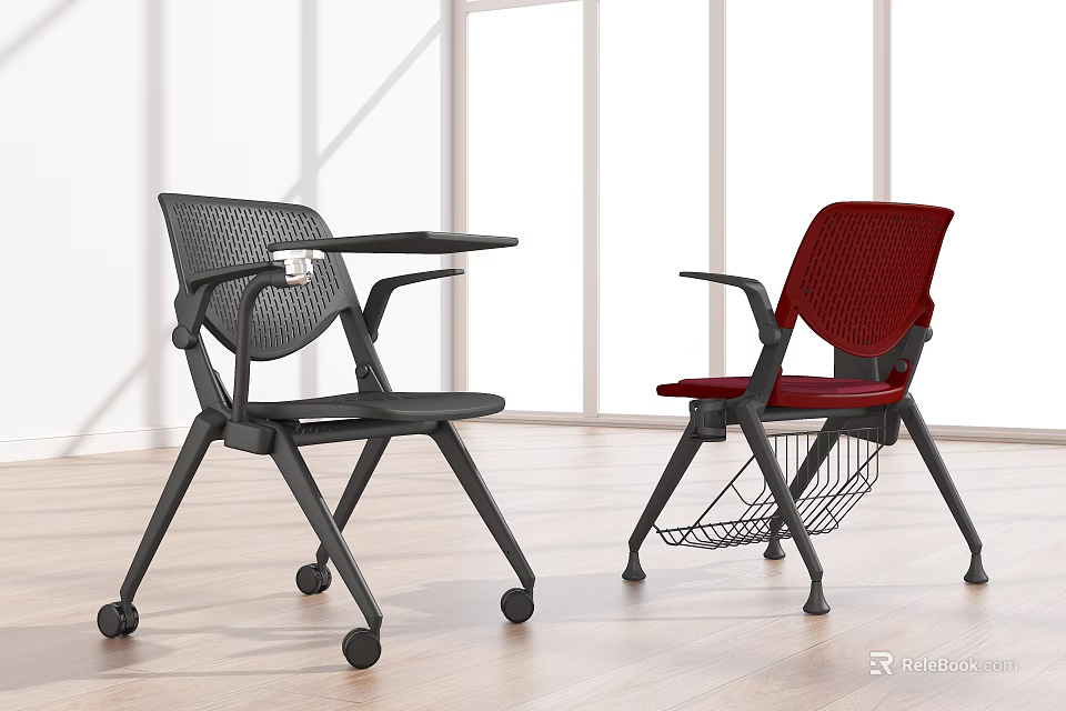 Black And Red Mesh Back Office Chairs With Swivel Wheels Side Table And Magazine Rack 3d model 