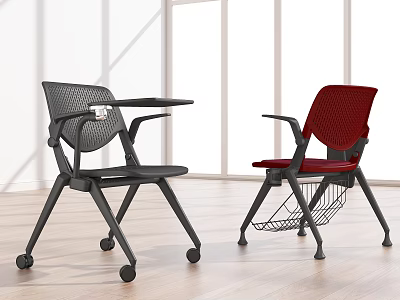 Black And Red Mesh Back Office Chairs With Swivel Wheels Side Table And Magazine Rack 3d model