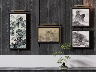 Elegant Abstract Paintings Hanging On Dark Wooden Wall With Green Plant 3d model