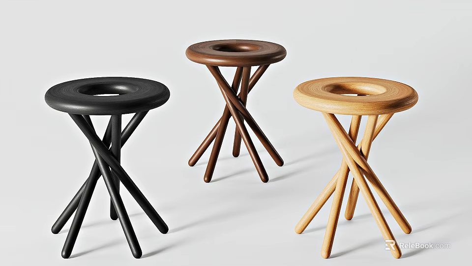 Three Stylish Stools with Crossed Legs Round Seat Hole and Black Brown Natural Finish 3d model 