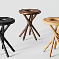 Three Stylish Stools with Crossed Legs Round Seat Hole and Black Brown Natural Finish