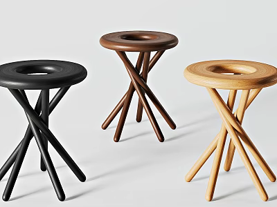 Three Stylish Stools with Crossed Legs Round Seat Hole and Black Brown Natural Finish 3d model