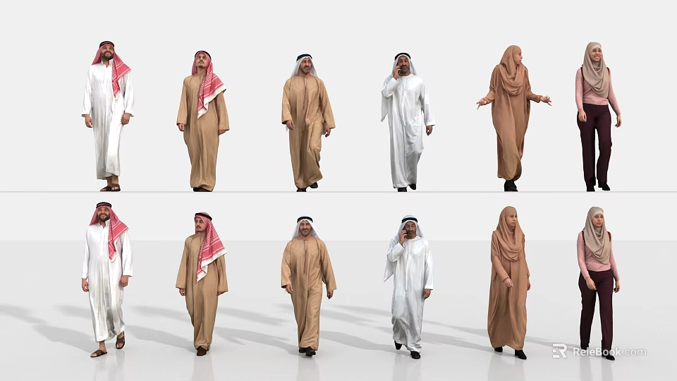 Group of People in Traditional Clothing Walking and Standing in Various Poses 3d model 