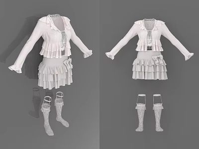 White Outfit With Long Sleeves Lace Details Ruffled Skirt Layers And Matching Knee High Socks 3d model