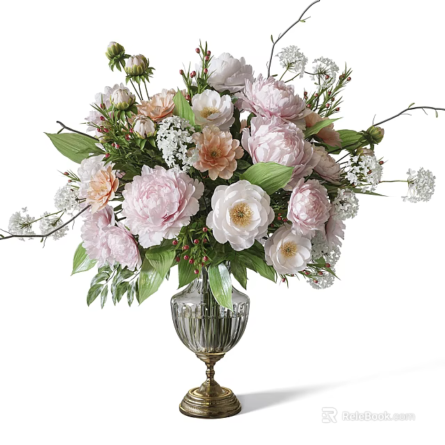 Elegant Pink Peonies White Flowers in Transparent Glass Vase with Gold Base and Green Leaves 3d model 