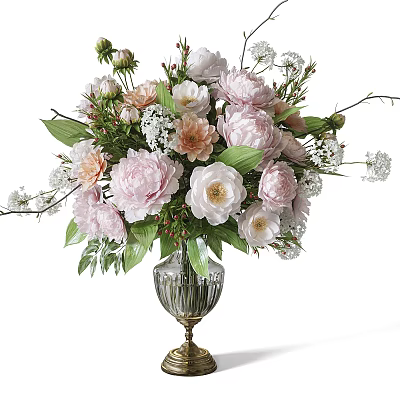 Elegant Pink Peonies White Flowers in Transparent Glass Vase with Gold Base and Green Leaves 3d model