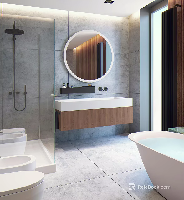 Modern Bathroom Interior Featuring Round Mirror Wooden Cabinet White Countertop Gray Floor Tiles And Bathtub 3d model 
