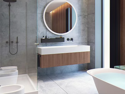 Modern Bathroom Interior Featuring Round Mirror Wooden Cabinet White Countertop Gray Floor Tiles And Bathtub 3d model