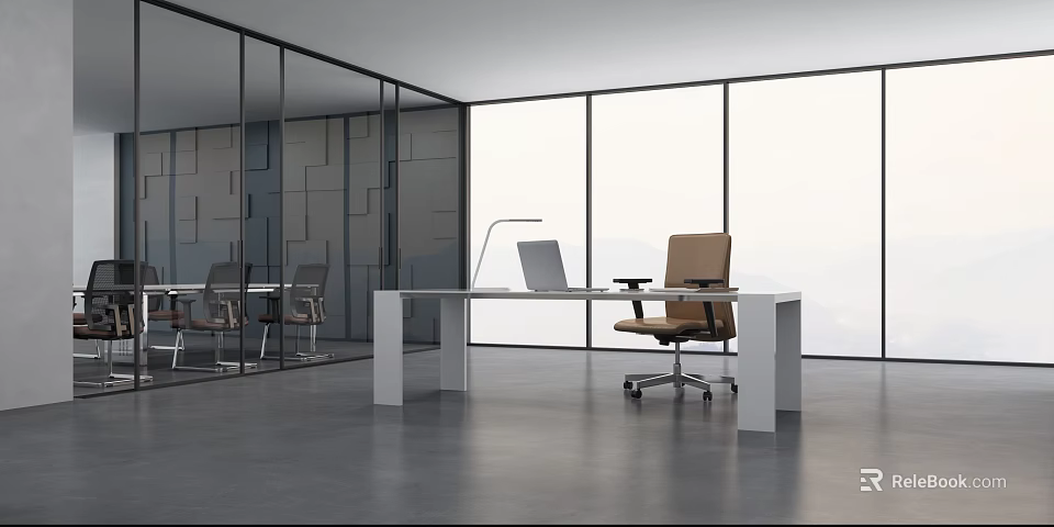 Modern Office Interior With Glass Partitions White Desk And Ergonomic Chair 3d model 