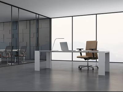 Modern Office Interior With Glass Partitions White Desk And Ergonomic Chair 3d model