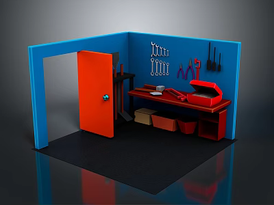 Red Workbench Furniture With Storage Bins In Blue Walled Utility Room Setup 3d model