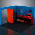 Red Workbench Furniture With Storage Bins In Blue Walled Utility Room Setup