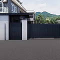 Modern Black Slatted Entrance Gate With Gray Pillars And Mountain View Greenery