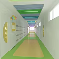 Elevator Corridor Featuring Colorful Ceiling Yellow Light Strips Green Yellow Floor And Lockers 3d model