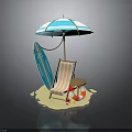 Modern Beach Leisure Scene With Striped Umbrella Surfboard Lounge Chair Small Round Table And Lifebuoy