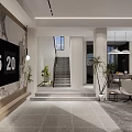 Modern Living and Dining Area with Sofa Coffee Table Chairs Large Window and Decorative Plants