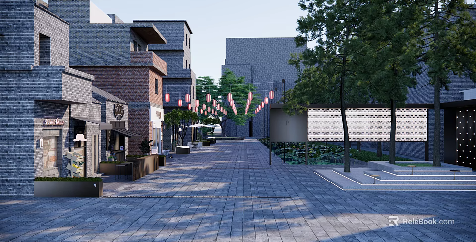 Traditional Commercial Street With Stone Paved Path Hanging Lanterns And Green Trees 3d model 