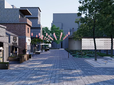 Traditional Commercial Street With Stone Paved Path Hanging Lanterns And Green Trees 3d model