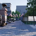 Traditional Commercial Street With Stone Paved Path Hanging Lanterns And Green Trees