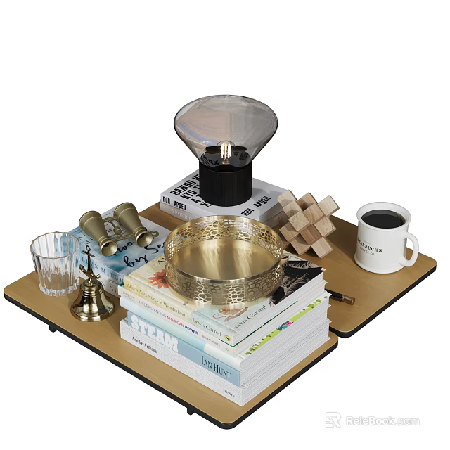 Elegant Decorative Ornament Set With Golden Bowl Black Lamp Books And Wooden Puzzle On Tray 3d model 