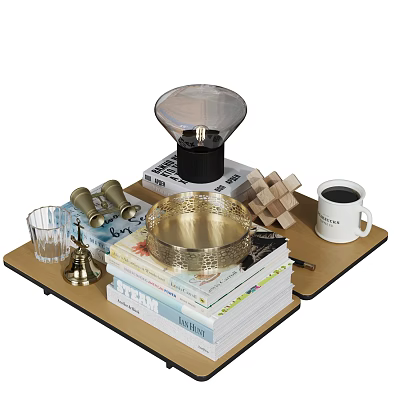 Elegant Decorative Ornament Set With Golden Bowl Black Lamp Books And Wooden Puzzle On Tray 3d model