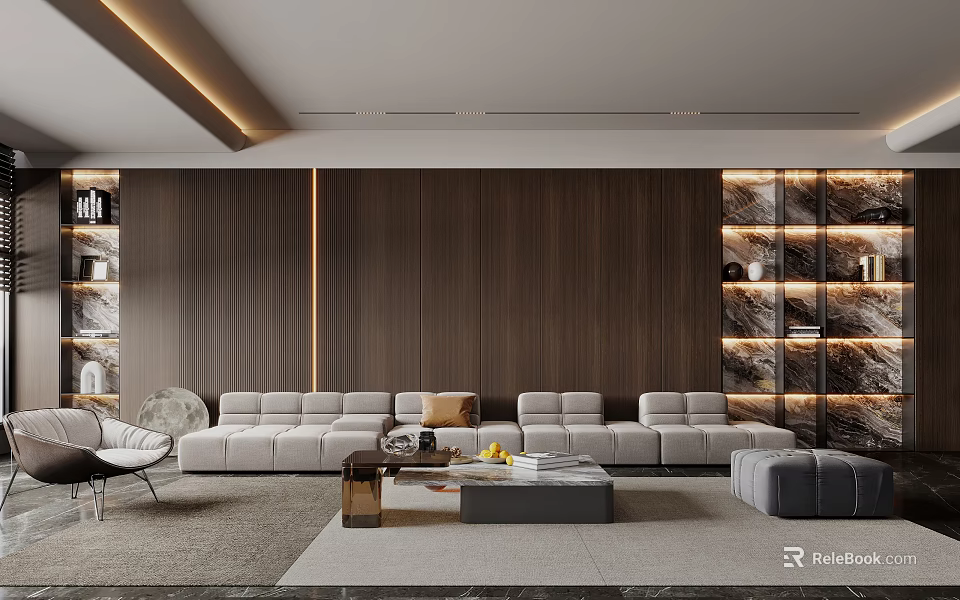 Modern Living Room Interior With Brown Wooden Wall White Sofa And Open Shelves 3d model 