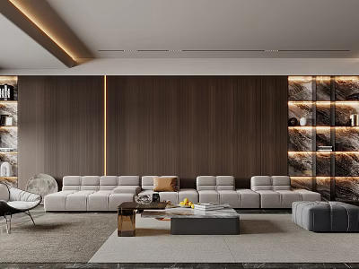 Modern Living Room Interior With Brown Wooden Wall White Sofa And Open Shelves 3d model