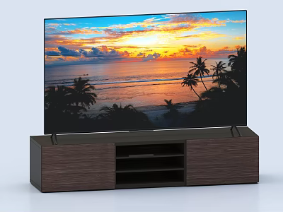 TV Stand with Wooden Design TV Showing Sunset Beach Scene Palm Trees and Ocean Waves 3d model