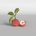 Whole and Halved Fresh Lychee Fruit with Green Leaves on Branch