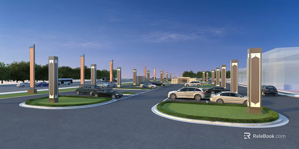 Modern Parking Lot With Parked Cars Pillars And Green Grass Areas 3d model 